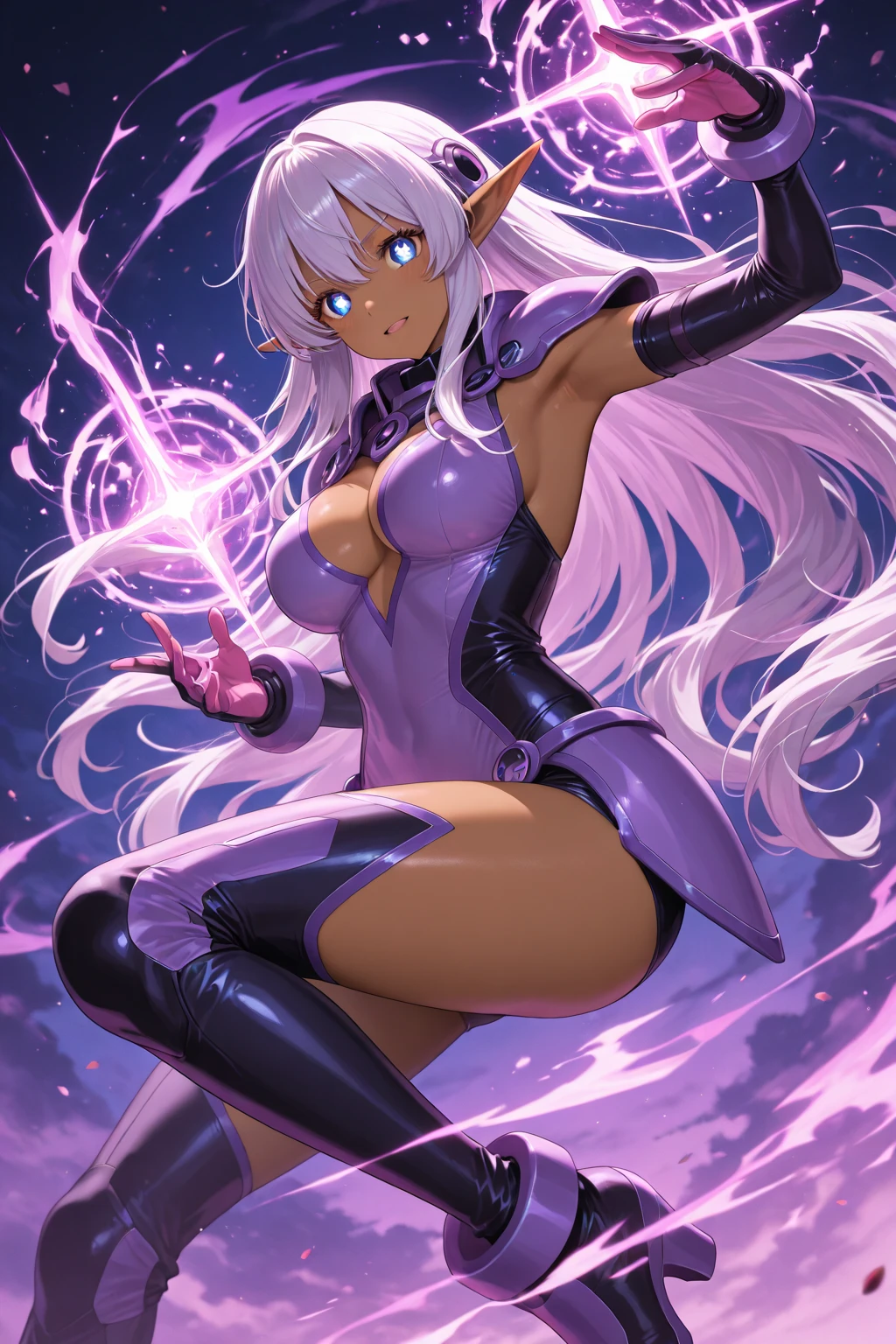 Cryptic girl is casting a spell, wastelands, energy sparks up from the ground and connects to cryptic girl who is making mystic symbols and channeling energy blast