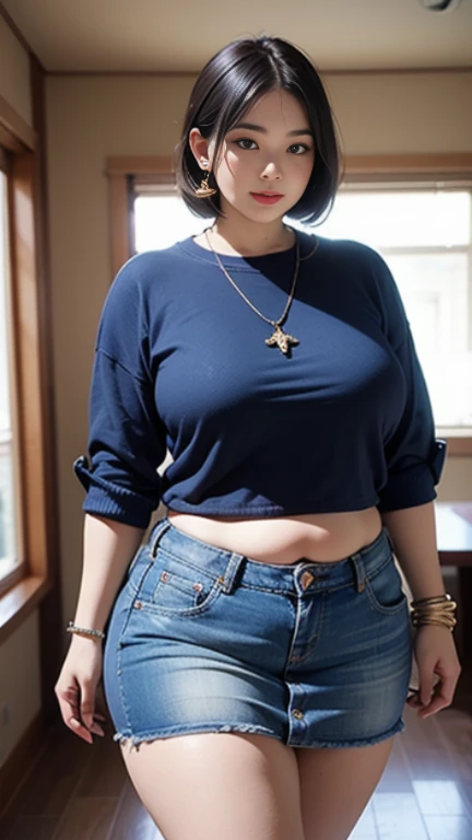 ((best quality)), ((masterpiece)), (detailed), perfect face, araffe woman in a dark-blue shirt and blue denim skirt walking down a dark room, thicc, she has a jiggly fat round belly, bbwchan, wearing tight simple clothes, skinny waist and thick hips, widest hips, her belly is fat and round, soft curvy shape, hyperrealistic full figure, wearing a cute top, wide hips, wearing 10 bracelet , wearing huge diamond necklace , watch, wavy short hair
