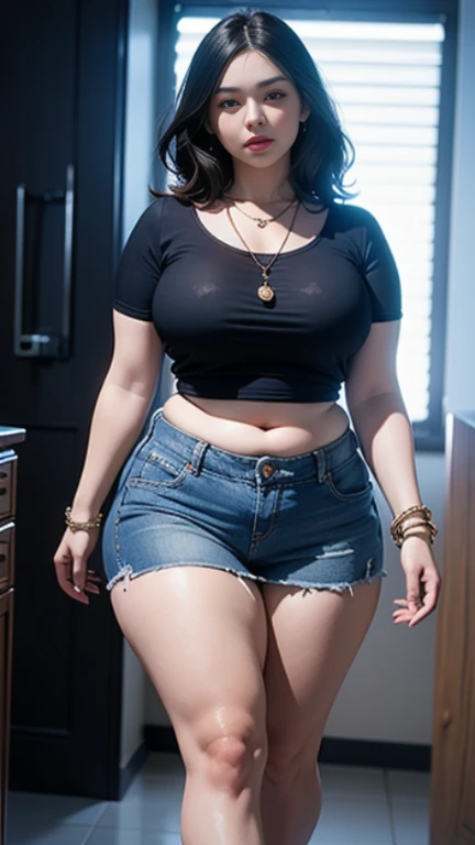 Very fat woman Her face is cute Enough to see the whole body Short sleeve Shorts Fluffy hair
