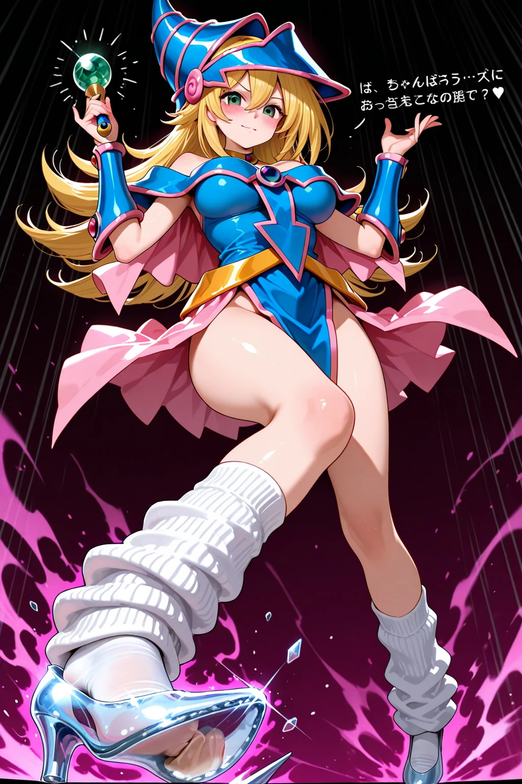 Black Magician Girl、Small breasts、Thick thighs、blonde、magic circle、8K, 4K, Highest quality, High resolution: 1.2),Wink、Expose one breast、Cute anime face、Pink blush on cheeks、Noise Reduction、Flip Up Skirt、Carry a walking stick、Hold the cane、Rear View、turn around、Cane in groin、naked、Embarrassing、Masturbation、Nipples、Spread your legs、Spread your legs、Feels good、vagina、(Shifting panties、White panties)、Slime Tentacle、Tentacles wrapping around legs
