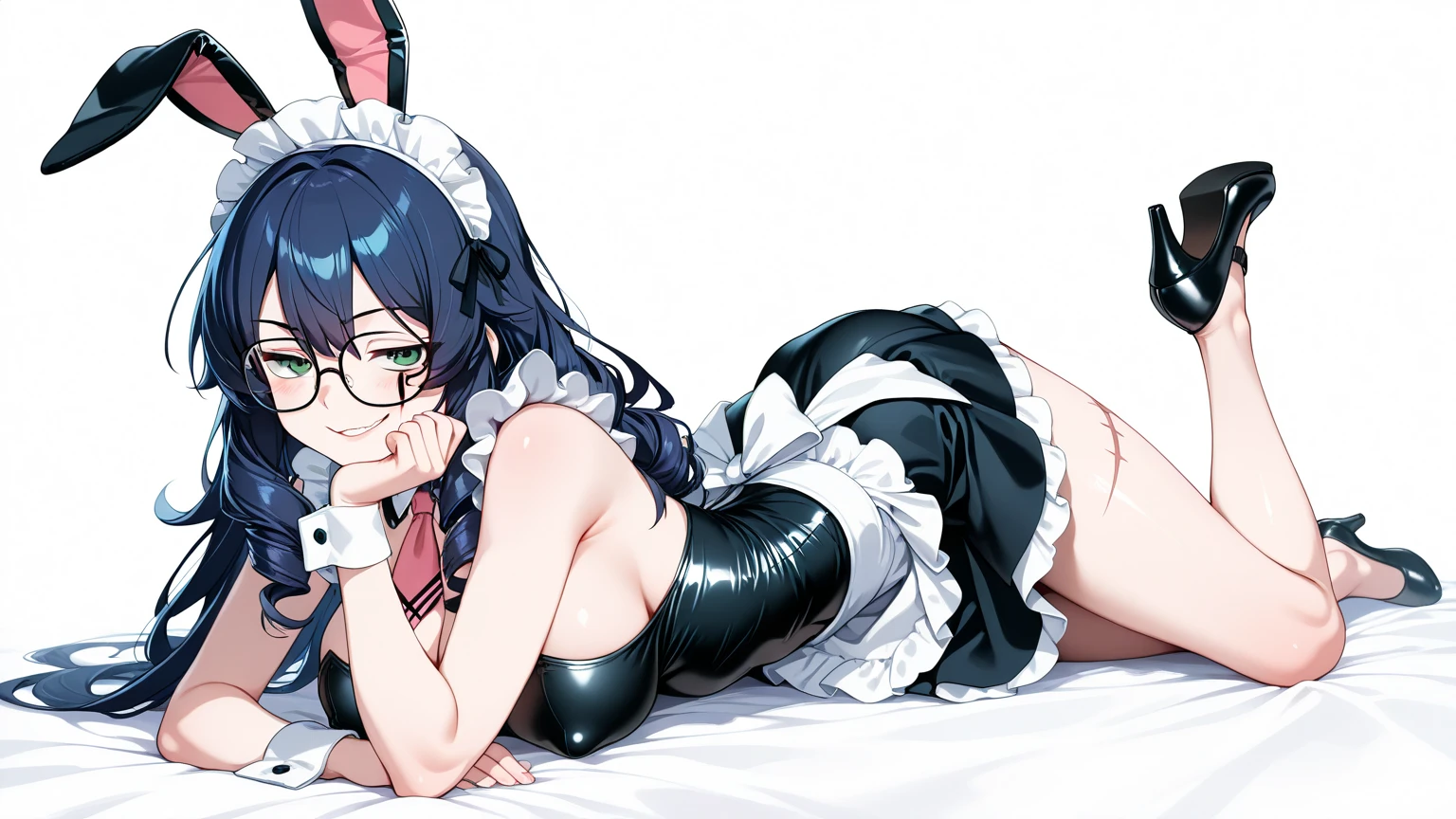 1girl,solo, lingerie, frills, large breasts, bedroom, cowboy shot, arms behind back, thigh strap, maid headdress, wrist cuffs,, black bob haircut, round glasses, lying on bed, big boobs, from above