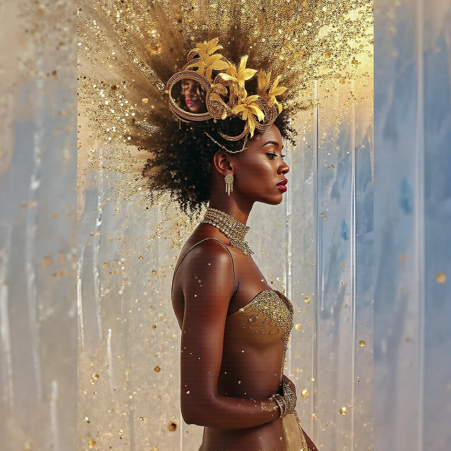 Full body shot of bold neon colors, cartoon style illustration of a Work process of UX Design as an African woman dressed in African designed clothes with African beads and African designed headress, sees the world while experiencing hallucinations, stoned, splash art, splashed neon colors, (iridiscent glowy smoke) ((motion effects)), best quality, wallpaper art, UHD, centered image, MSchiffer art, ((flat colors)), (cel-shading style) very bold neon colors, ((high saturation)) ink lines, psychedelic environment