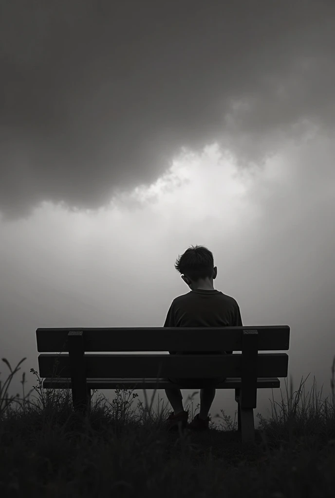 A dipressed boy with blur face sit on brnch black and white image