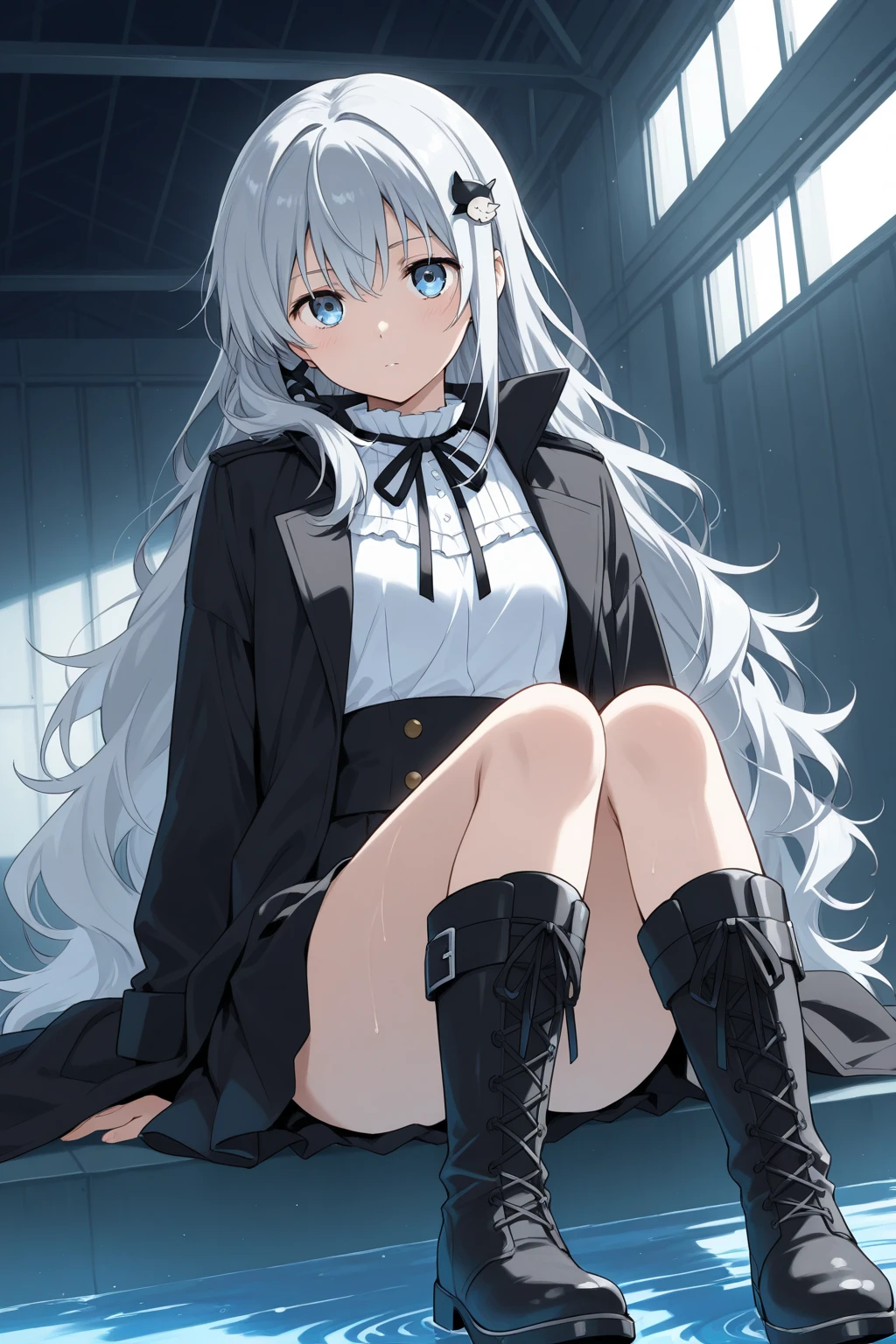 Girl, 16 years old, full bodyesbian, Bigger than the building,No shoes,{Black stockings},Black jacket with white shirt ,Blue tie,Dark gray hair,Wolf ears,Light red eyes,A cold expression, Destroyed buildings, Sitting on a destroyed building,GTSCity, As a giantess, Bright pupils, Smile, Naughty face, 16k, High quality, High details, Anatomically correct, Textured skin,The feet emit steam,Fleeing crowds,