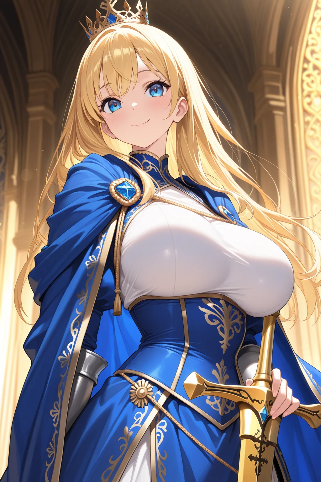 4K,hight resolution,One Woman,a blond,Longhaire,Blue eyes,Colossal tits,valkyrie,white holy armor,jewel decorations,Winged headgear,Temple in the Sky