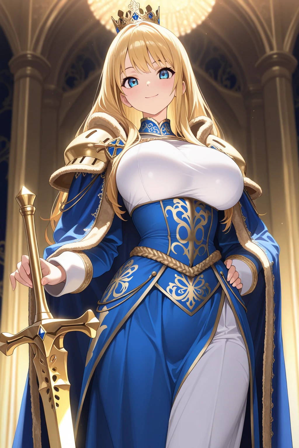 Lian, long blonde hair, hair stick, bangs, blue eyes, solo, smiling, standing, upper body, hips, bare shoulders,purple thighhighs, blue dress, gold jewelry,armor,gloves,circlet, cleavage, red and gold royal castle, gigantic breasts, (best quality, masterpiece, beautiful and aesthetic:1.2, highest detailed face, perfect face,) eyes, perfect face,expressive eyes,
looking at viewer, in the center of the image,(Upper_body),(Focus on her face),
official art,extremely detailed CG unity 8k wallpaper, perfect lighting,Colorful, Bright_Front_face_Lighting,shiny skin,
(masterpiece:1.0),(best_quality:1.0), ultra high res,4K,ultra-detailed