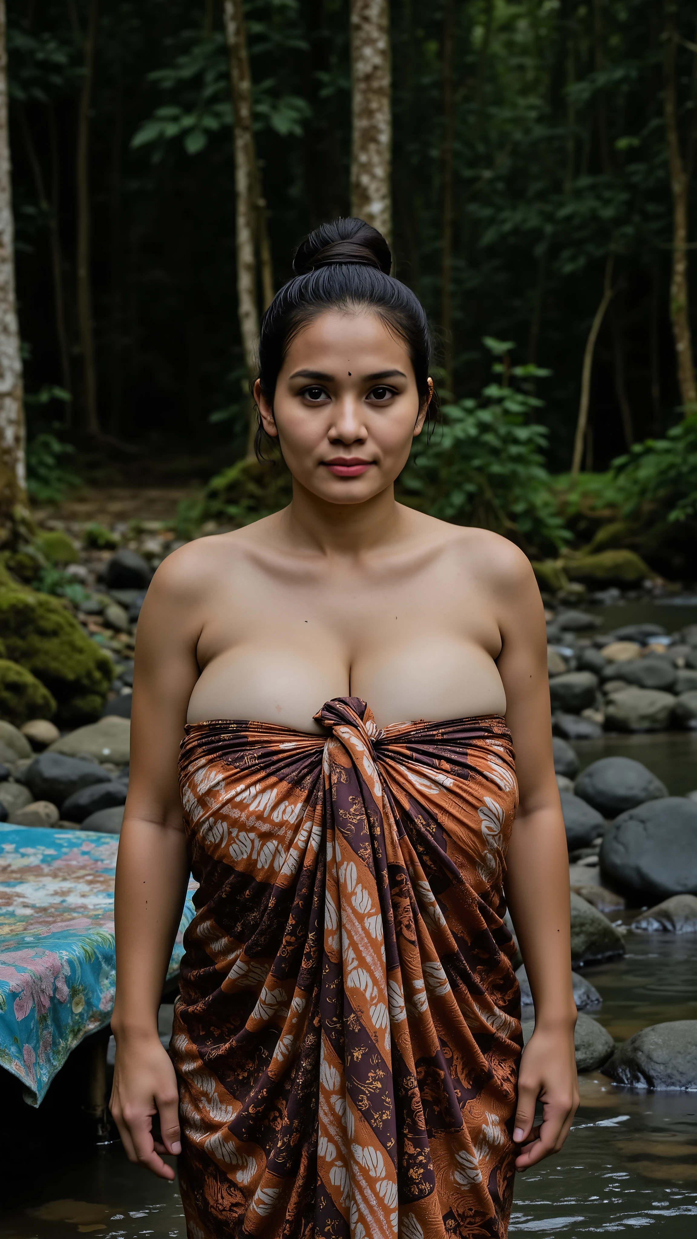 ultrarealistic photo of a 40-year-old Nepali woman, dynamic pose, wearing pink maxi, smiling, mole on upper lips,hair bun, in forest background bokeh, naked, very tiny breasts, tiny ass, very huge belly, slim body, hairy pussy, spread pussy, whole body visible.