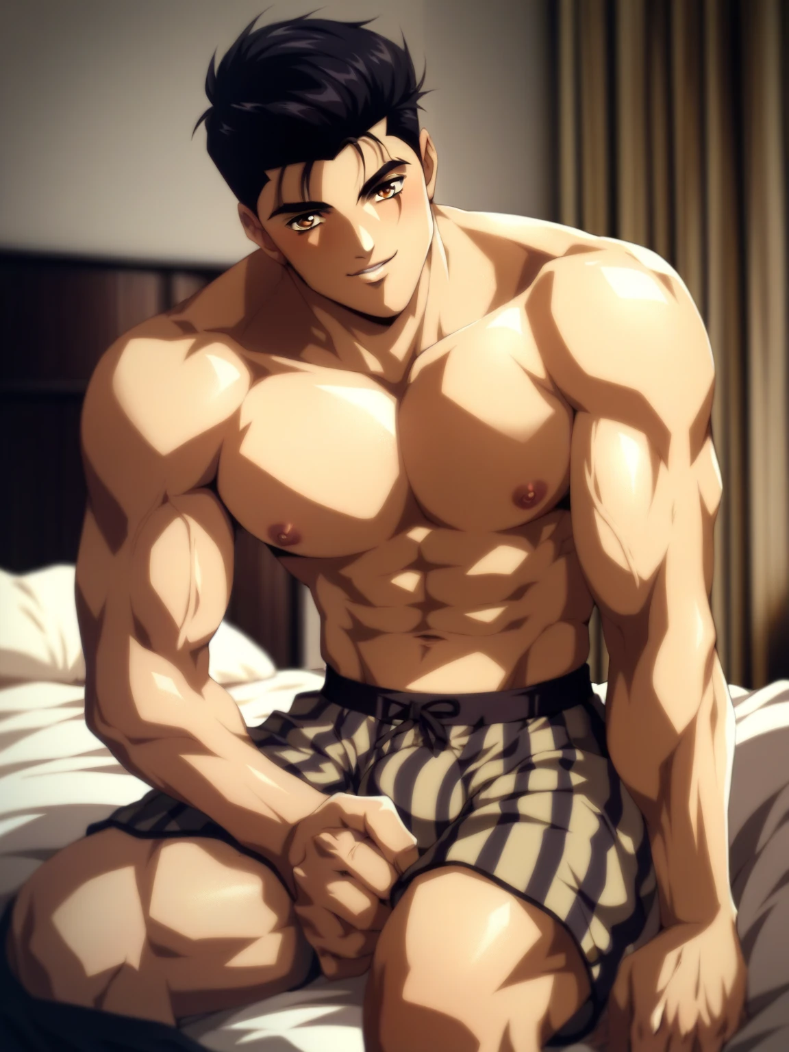 Kiritsugu Eimya is lying sideways, facing you, in bed. his muscular body is exposed; only wearing black Calvin Klein boxers. His big, hairy, sweaty chest is facing your point of view. He is staring at you ensuring your protection.