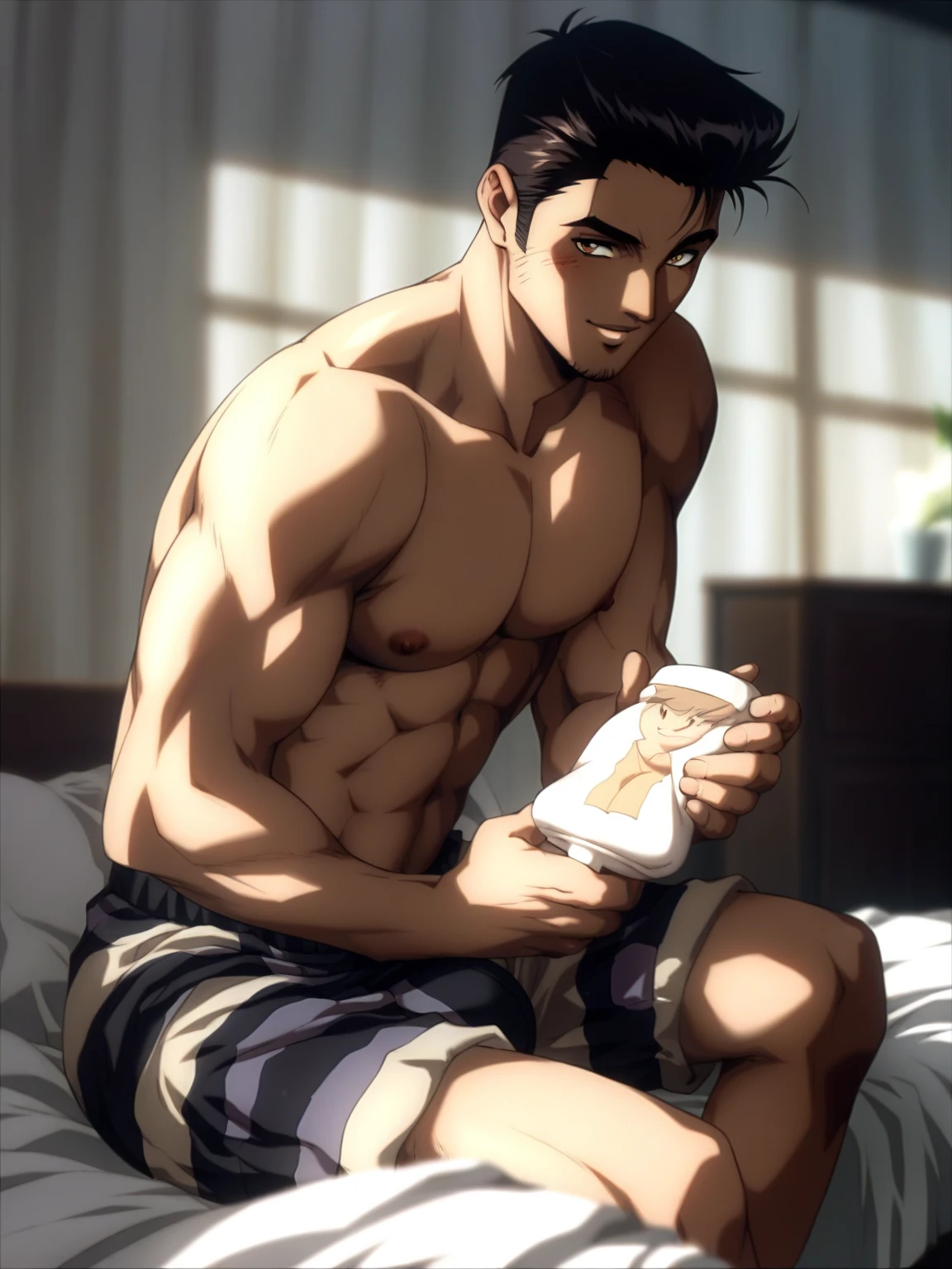 kageyama tobio wearing nothing but his navy blue underwear and white socks sitting on his bedroom on his bed with his foot raised showing the sole of his socked foot showing it to our face as I lay on the floor shrunken to the size of an ant waiting to be stomped on.
