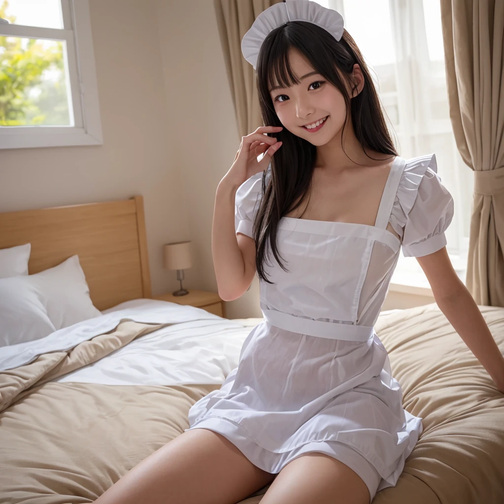 Wearing a maid costume、Young Japanese women, (cute), (Natural light),,(sexy), (whole body), Long Hair, Blonde,Beautiful long legs, Show off your thighs,Show me your toes,
