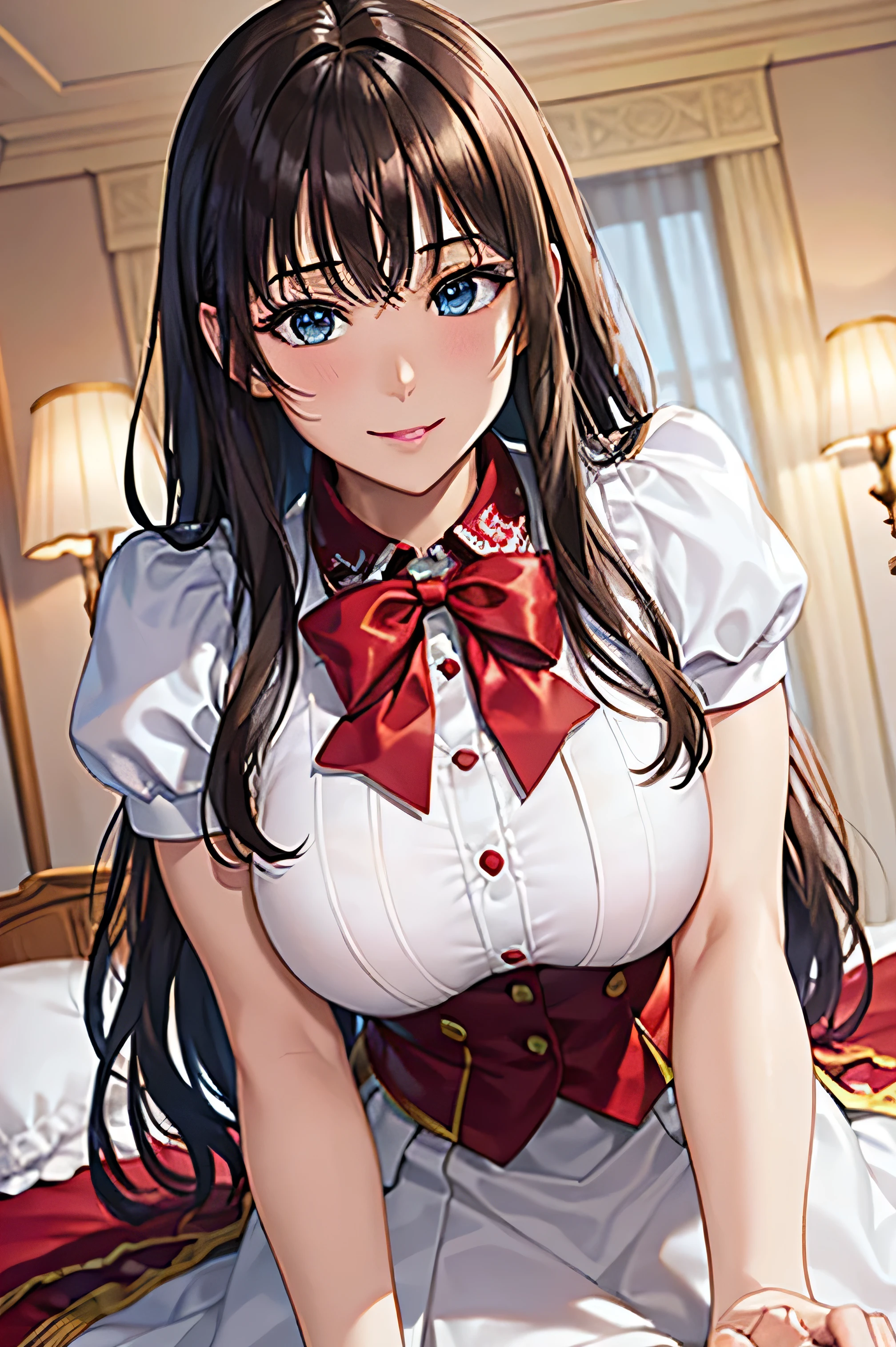 Charming,Sexy,Married woman,Side braids,black hair,blush,Shy,Lipstick,Wear earrings on one side,stockings,Large Breasts,cleavage,Cleavage,bedroom,It was dark all around,Sweat,Brown lace,Brown lace,Brown lace手套,bite