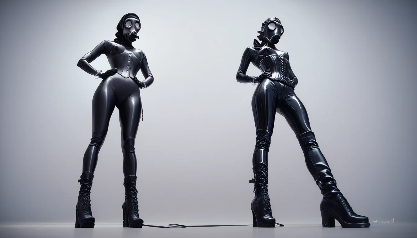 2 women, underwater, wearing gas masks attached to the air tube, oxygen cylinder attached to the other end of the air tube, latex tights, elbow long gloves, latex over-the-knee socks, high heels, full body, front, UHD, masterpiece, super detail, best quality, anatomically correct, depth of field