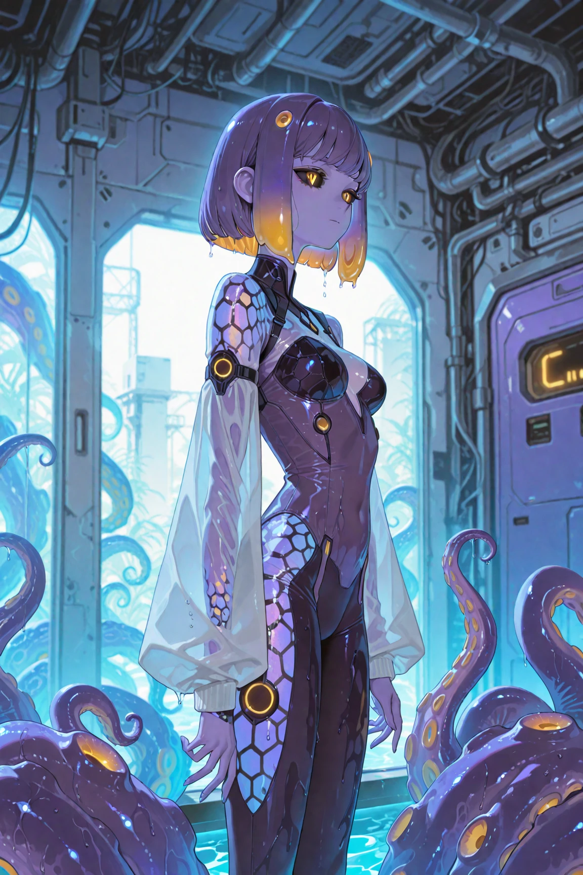 ((full body):1.5), {(Princess Zelda)}, is wearing {she is wearing a ((black futuristic outfit with gold parts))}, {she has (((very short blue mohawk hair, green eyes))), she has ((extremely giant breasts))}, she is looking at the viewer, {((feather squeezing))}, ((she is doing erotic poses))}, {Background: (((in a cave full of slimy aliens, and neon lamp lighting)))}. ((Super Metroid):1.2) 16k, high quality, high detail, UHD,