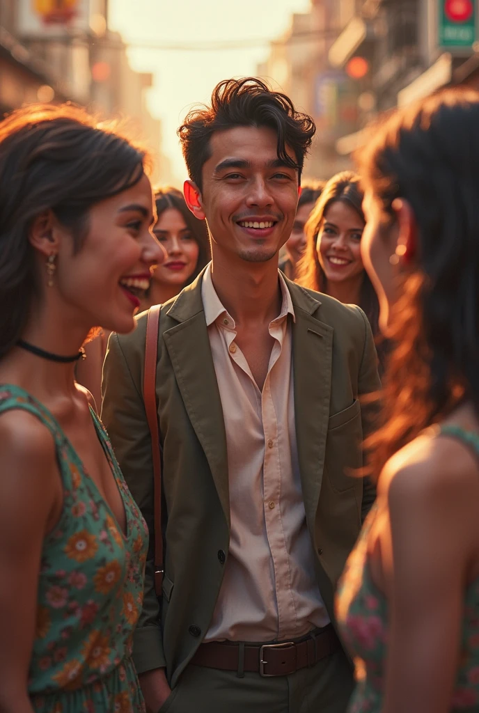 Min Yoongi, a South Korean rapper, stands in the center of the photo with a group of young Ethiopian women surrounding him. The women are dressed in brightly colored traditional Ethiopian clothing, and the sun shines down on them, casting a warm golden light over the scene. Yoongi is smiling and looks happy to be there, and the women are all beaming with excitement. The photo captures the joy and energy of the concert and the connection between Yoongi and his fans.