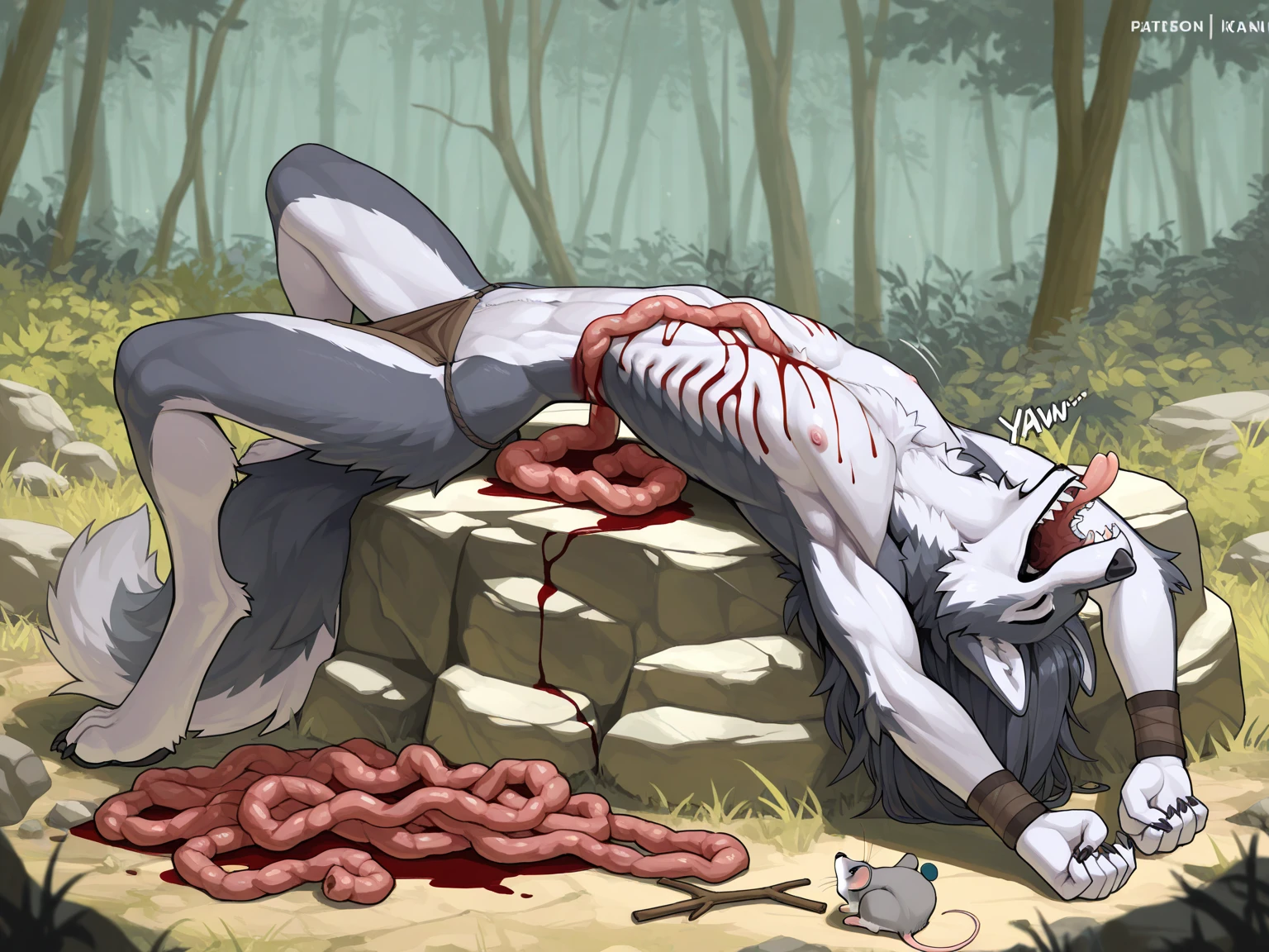 score_9, score_8_up, score_7_up, score_6_up, score_5_up, score_4_up BREAK (furry, furry art, furry artwork, source furry, uploaded on e621) BREAK barcode tattoos, robot, android, servo, joint, panel, (android skin:1.2, mechabare:1.6, broken, damaged, heavily damaged, destroyed, dismembered, dismemberment, severed, severed limbs, severed body, amputee, amputated, missing limbs, robot gore, robot guro), solo, male, white arctic wolf, white fur, athletic, muscles, big pecs, adult, nude, naked, short spiky messy dark blue hair, detailed blue eyes, hard nipples, erect penis, penis, erection, dripping precum, pooling precum, pool of precum, shock, shocked expression, component, mechanical parts, mechanical component, lying, lying on the dirt, trash dumping ground background, oil, machine oil, pool of oil, leaking oil, dripping oil BREAK good quality, best quality, high quality, high definition, hd, 4k, 8k, masterpiece, intricate, extremely intricate, intricate details