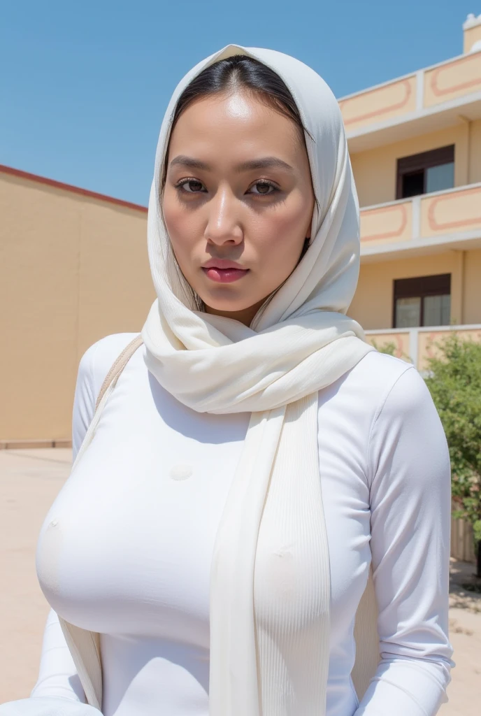 A beautiful white Asian girl in a long black hijab without clothes is being hanged in an old warehouse by several oldmen and she is being tortured until she looks very painful and tormented