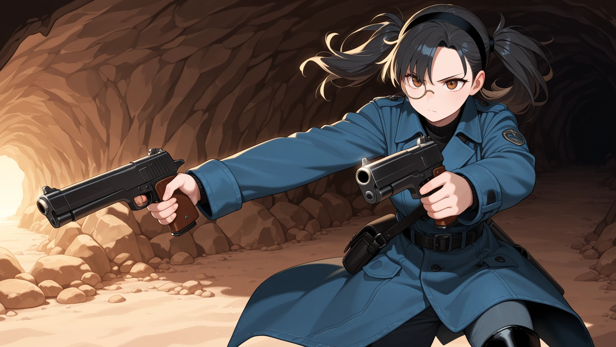 (masterpiece, best quality, amazing quality), sfw, in the cave, beach background, 1girl, solo, middle-aged woman, {old}, cowboy shot, detailed eyes, brown eyes, dark-gray short hairs, two lower ponytails, monocle, serious, black hair band, blue denim trench coats, full clothes, black combat boots, dual wielding, 2 pistols, 2 guns, aiming

