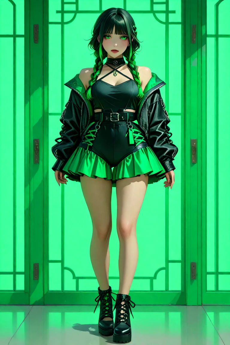 Female idol covered in dragon、full body Esbian、、Cyberpunk fashion covered in dragon（shiny green and gold）、Luminescent、Colorful hair、