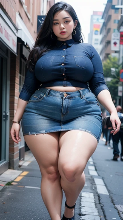 ((best quality)), ((masterpiece)), (detailed), perfect face, araffe woman in a dark-blue shirt and blue denim skirt walking down a street, thicc, she has a jiggly fat round belly, bbwchan, wearing tight simple clothes, skinny waist and thick hips, widest hips, her belly is fat and round, soft curvy shape, hyperrealistic full figure, wearing a cute top, wide hips, wearing 10 bracelet , wearing huge diamond necklace