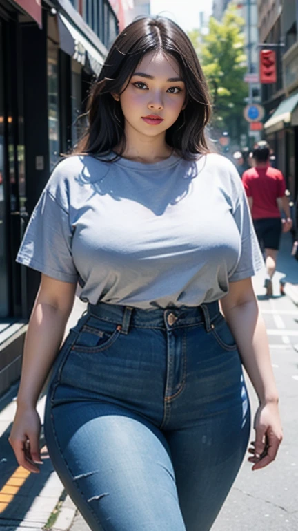 ((best quality)), ((masterpiece)), (detailed), Perfect face, white shirt, black mini skirt, round fat belly, bbw sauce, Thin waist, thick hips, Widest hips, soft curve shape, Hyperrealistic full body portrait, Bracelets , necklace , watch, Wavy short hair, upward view, looking at the viewer