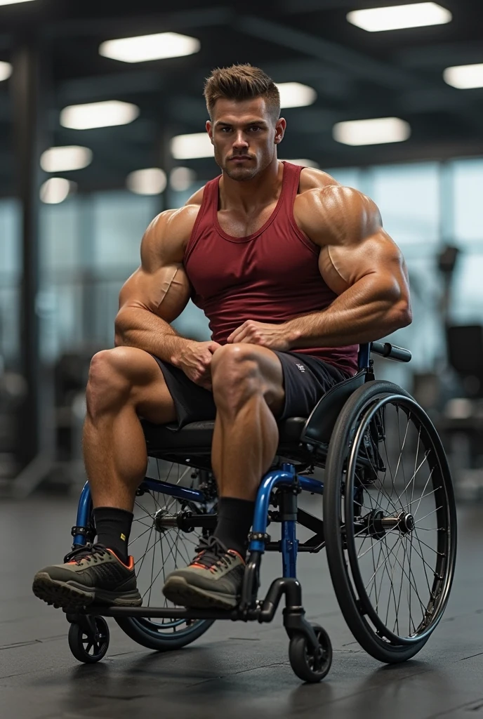 extremely detailed, strong and muscular soldier, shirtless, missing one leg and seated wheelchairs and sunglasses, in front of a house