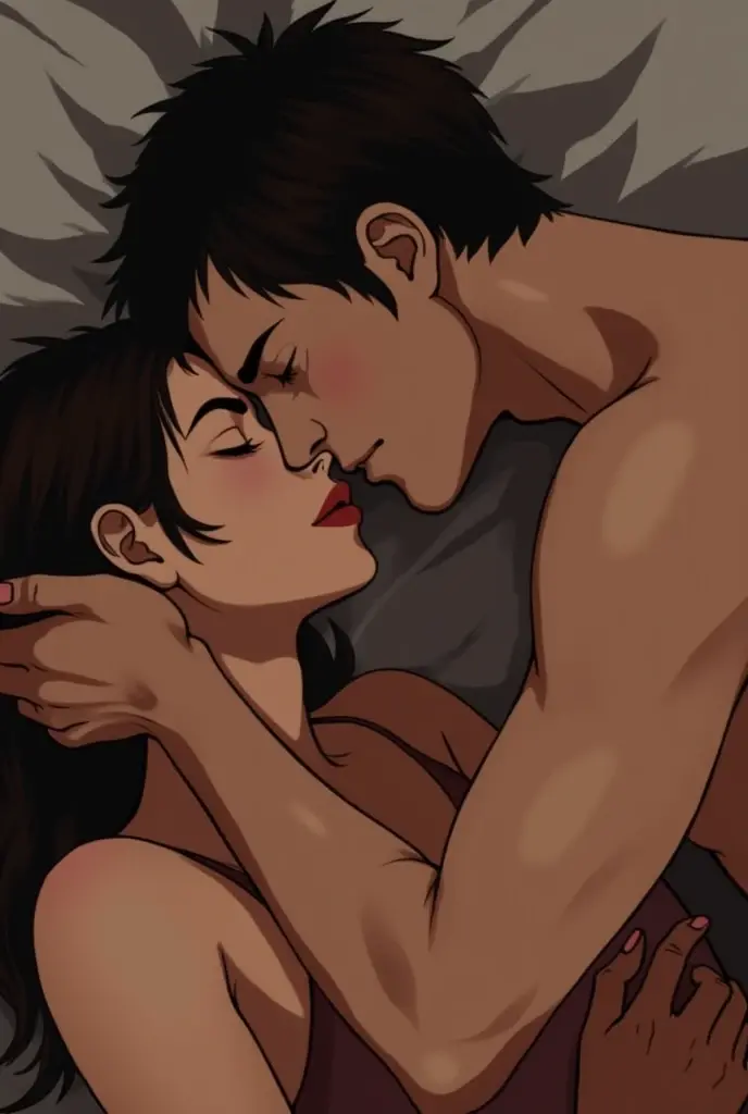 Young boy shirtless kissing woman wearing unbuttoned sheer white shirt and sexy red lingerie underneath, intense scene, dark room, one lamp, warm lighting, very erotic, sweaty, lustful, passionate, making out