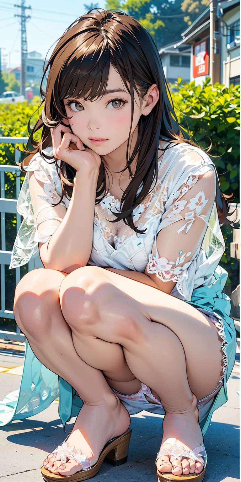 (Japanese idol, 1 girl, unparalleled beauty, Seduce, smile, perfect style, Body based on human mechanics, Raw photo, real person:1.4) photograph, (professional lighting), (((highly detailed eyes and face))), ((double eyelids)), (Tits sharp focus:1.4), (ponytail, elegant light makeup, eyeliner, mascara:1.4), huge boobs, shiny skin, 20-year-old, ((slim body, slender)), (flashy shirt with exposed shoulders, Hugging a cushion, Beautiful leg lines, spread legs, Get on your knees, Sit on the carpet, barefoot, Tifa Lockhart lookalike:1.4), attractive face, NSFW, ,