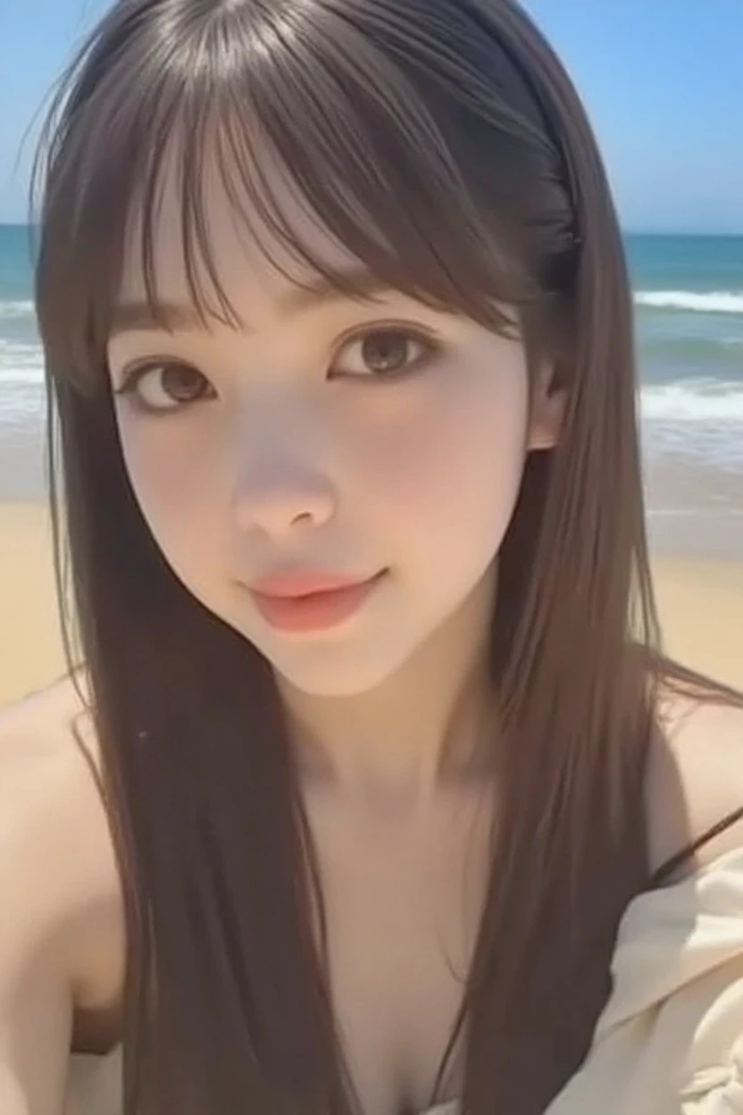 (Best quality, 8k, masterpiece: 1.3), a pretty girl with perfect figure: 1.4, teens, black hair, (blunt bangs:1.2), wearing a pendant, pink-bikini, in the beach, highly detailed face and skin, detailed eyes, double eyelids, big breasts, smile