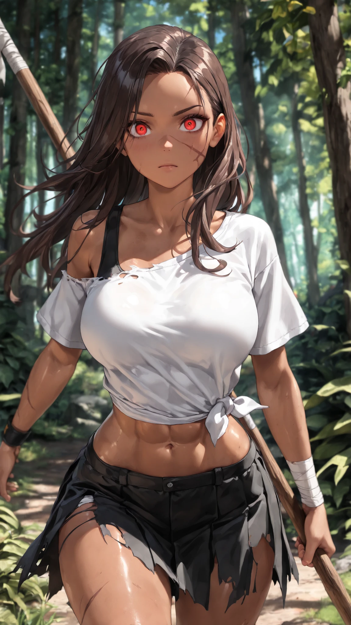 ((masterpiece, highest quality:1.2)),after rape,1woman,20 year old beauty,Explorer,.solo,((very small head)),(tan skin),brown hair,ponytail hair,brown eyes,blunt,((very long and slender body)),toned body,skinny,medium breasts,shiny skin,oily skin,sweat,blush,smile,White tank top、Crop top、navel、denim micro mini shorts、Bandage on thigh、rucksack、Mountaineering equipment、In a dark cave、Rocky area、lanthanum、