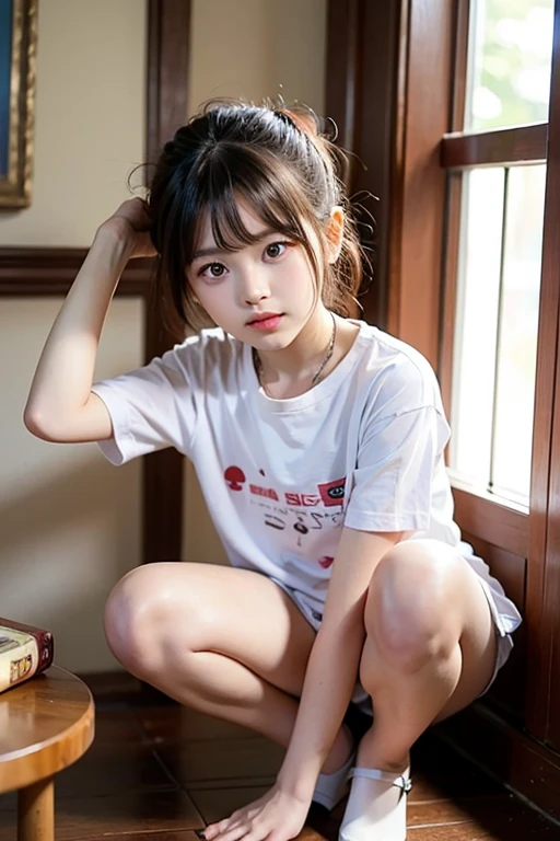 A cute girl is confined and tied up、A room with the lights on at night、White under the blue skirt、Red short sleeve shirt、Sit with your feet together and forward、Beauty、30 years old、Medium build、It&#39;s night outside、