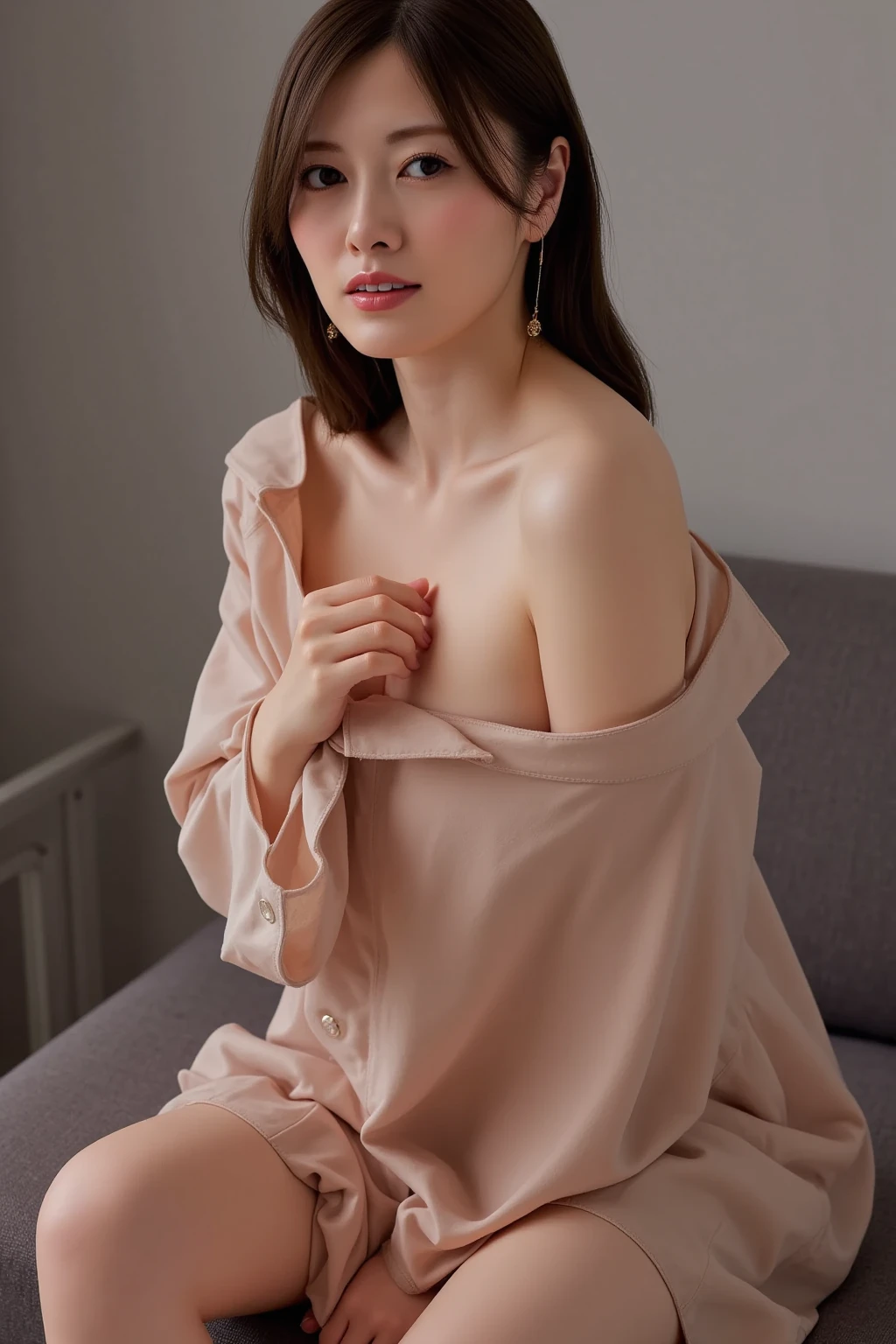 Best Quality, Masterpiece, Ultra High Resolution, (True:1.4), Original Photo, 1 32 Years Old Woman Spice Girl, Goddess, Bare Shoulder, Loose Pajamas, Cinematic Lighting