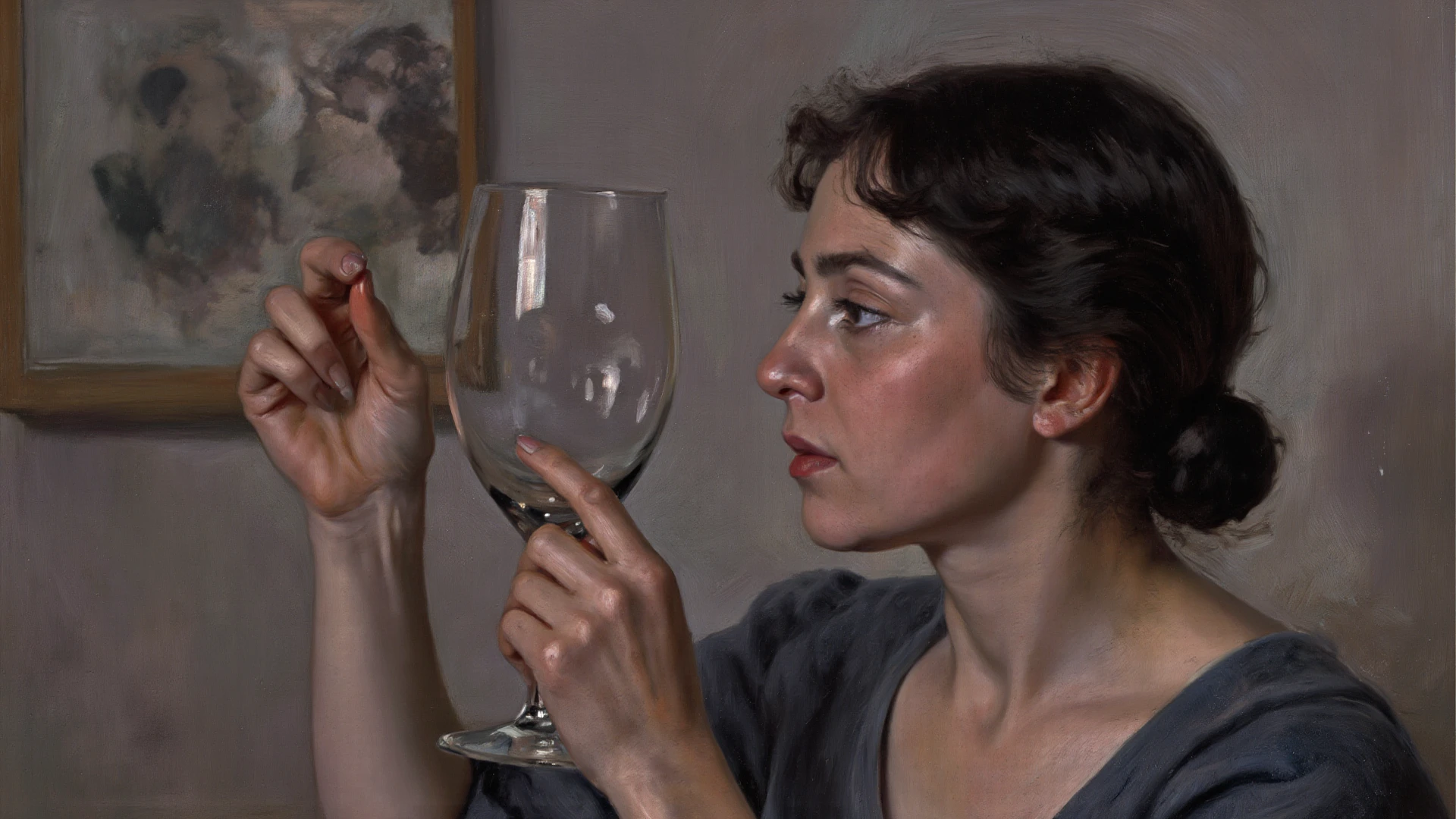 meisje met de parel
Johannes Vermeer style
met glas champagne in haar hand
oorbellen van duur merk
piercing in lip
huilend
verdrietig
zware makeup
