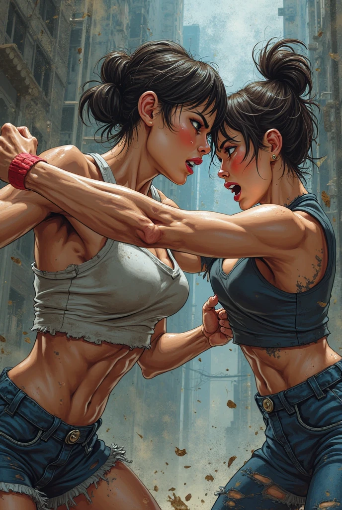 Two beautiful young female mixed martial artists are fighting。They're trading punches inside the Octagon.。slamming a fist into someone's face。Rivals。black hair。desperate look。sweaty。Full of scars。six pack abs。Shortness of breath with open mouth。naked。erect nipples。open finger gloves。shorts。