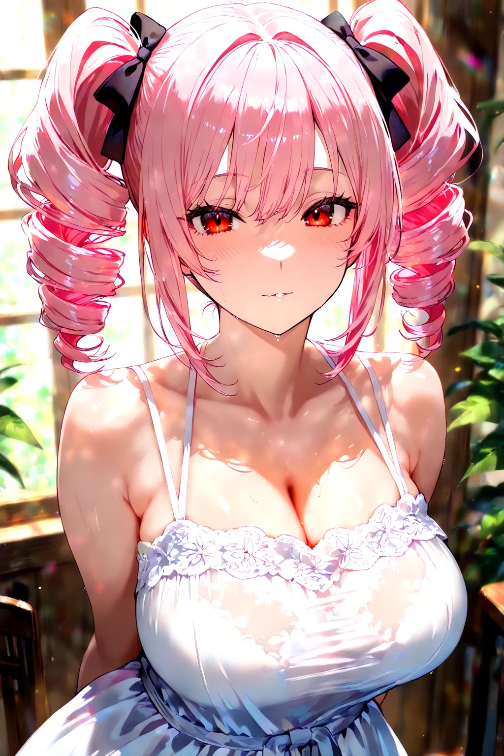 Zombie mommy pink hair with very big and huge breasts wearing a pink bra with a headband on her head with a flower 