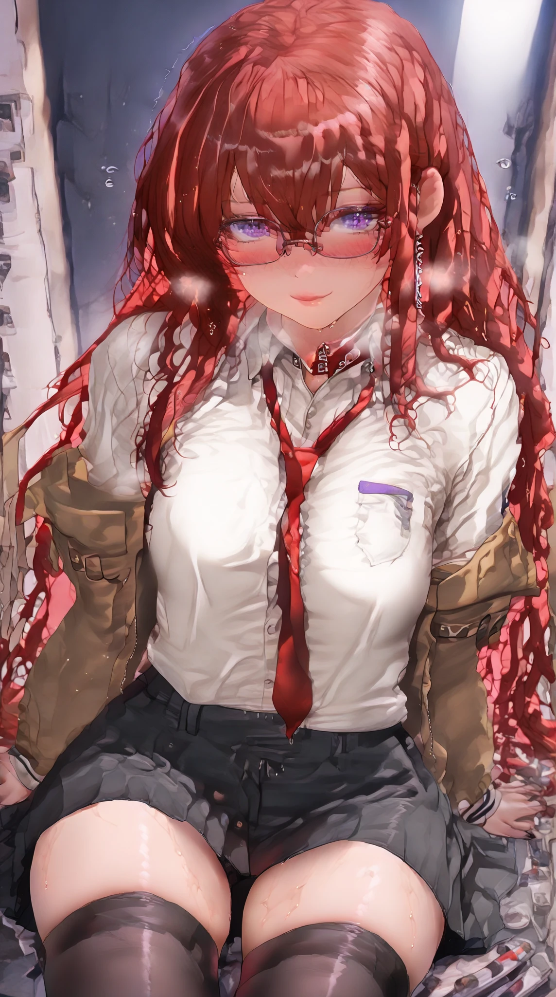 Ridiculous Resolutions,High resolution,(masterpiece:1.4),Hyper Detail,Red long hair, One girl, Glasses, alone, Red colored eyes,, White tie, Pleated checkered red skirt, , Zombie Role Playing,Cozy rooms(1.2),Zombie Apocalypse,Zombie outbreak,Blood on the head(1.2),Expression of complaints and crying