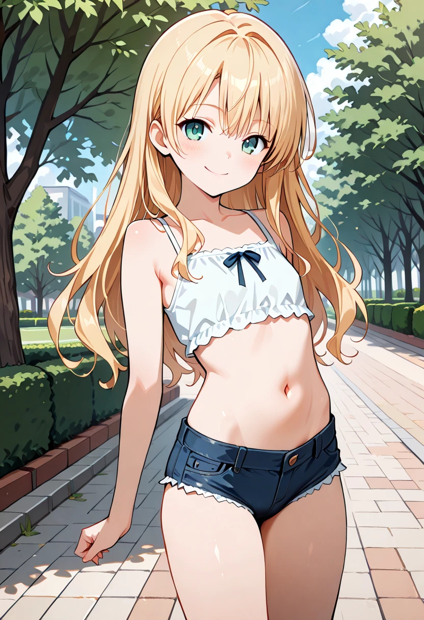 Blonde, elementary school student, green eyes, long hair , elementary school student, kind smile, park, short, 9 years old, 135cm tall, blue sky, hair hanging outside,Lingerie Set,flat chest
