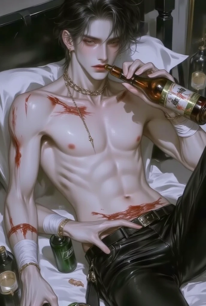 daemon, infected with mushrooms, cutting your skin, drinks alcohol, flowing down his body and mixing with the blood on the floor.