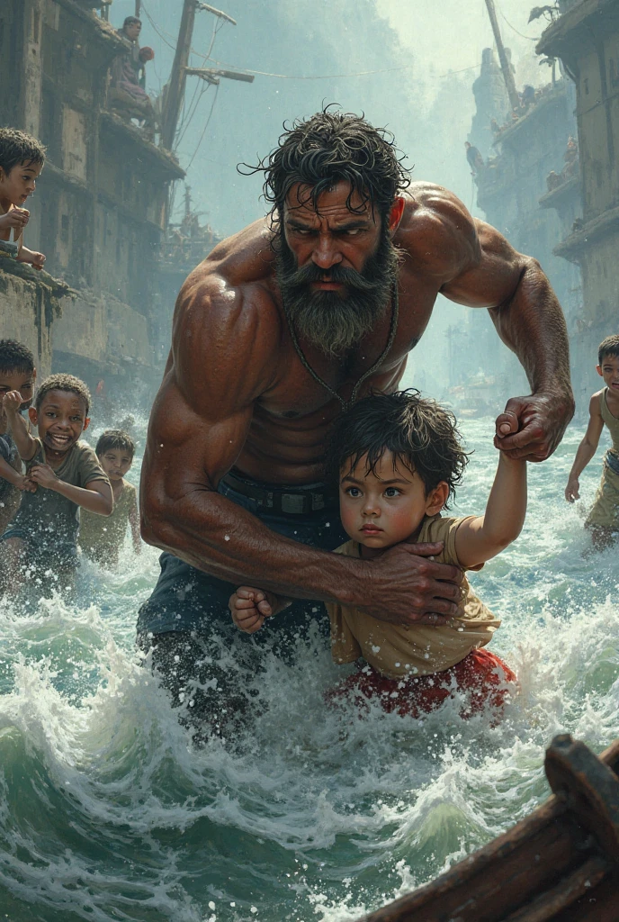 An ashian poor father saving his  three children from flood. Make a symbolic image for water color painting