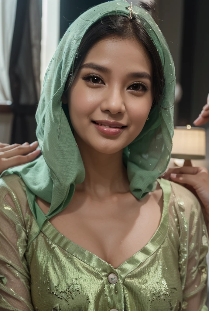 best quality, high resolution, young beautiful Indonesian woman in hijab, wearing light green laced hijabs, soft smile, wearing light green laced panties, wearing see-through light green mini skirt, wearing Javanese kebaya, photorealistic, realistic, small breasts, smiling, full body, breezy, skin details, skin texture details, tiny and skinny body, short body, flat-chested, morning winter, happy, standing in cave, blurred background, bokeh