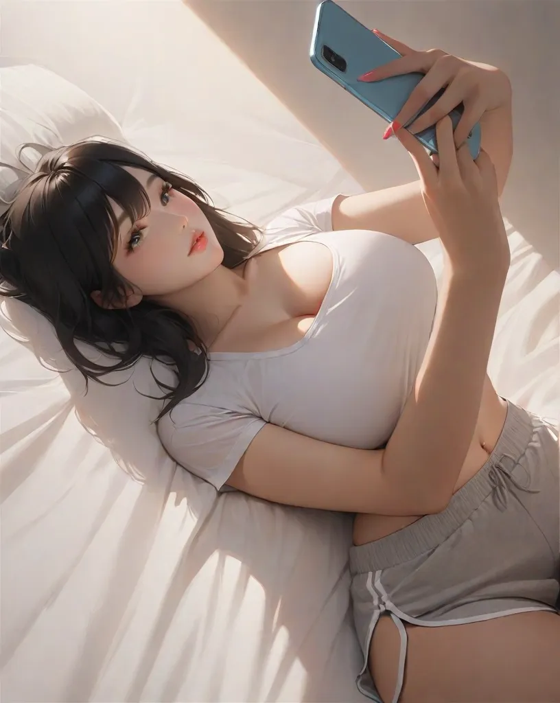 young girl, beautiful, with Thai student uniform, Laying on her bed, playing mobile phone, wearing a tiny see through bra, no panties, with very short jeans, colorful bedroom, cute realistic, late at night (camera flash illuminates the foreground)