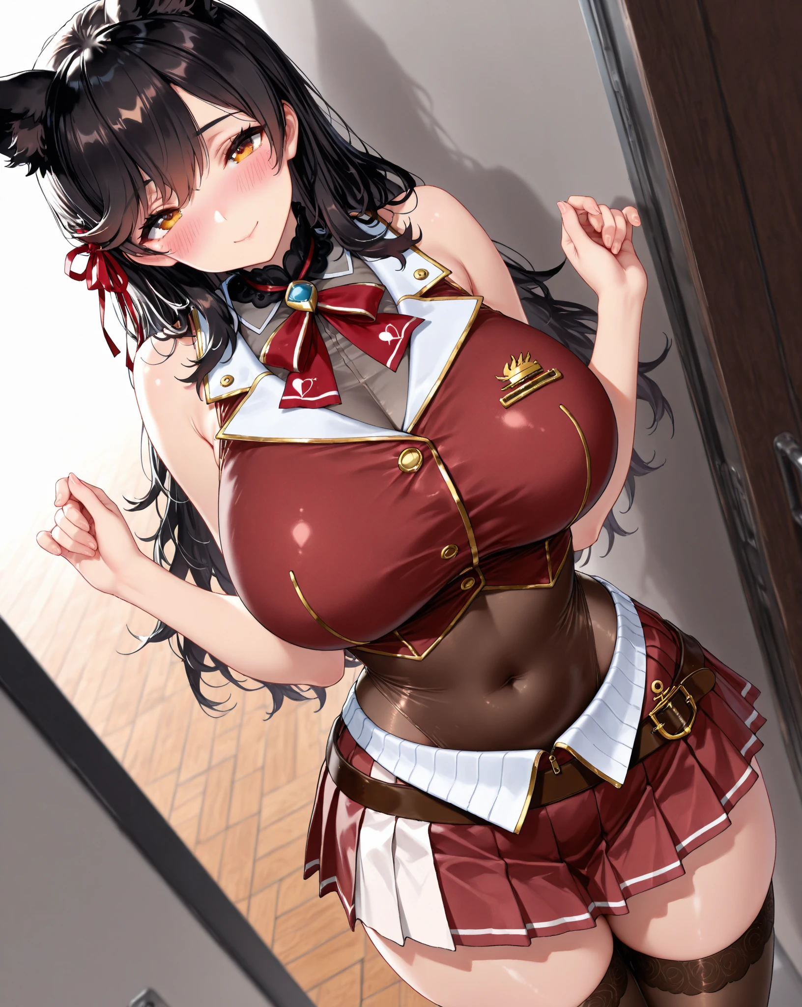 masterpiece, high quality, extremely detailed, 1girl, mature female, solo, helm aquamarine, huge breasts, parted lips, outfit-tsubaki, breast curtain, red skirt, red sailor collar, elbow gloves, light smile, arms behind head, garden, ((NSFW)), (((accurate anatomy))), ((wide hips)), (((Huge breasts))), ((long legs)), (((Massive Female Bodybuilder))), ((((Muscular Legs)))), (((((Huge Muscles)))))
