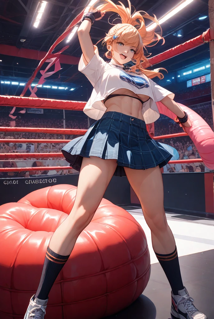 1girl, solo, petite, (huge breasts:1.3), eyeliner, red eyes, red hair, short hair, pixie cut, tomboy, bracelets, spiked bracelets, wristbands, animal collar, knee high boots, shirt, shorts, from below, big calves, big legs, wide hips, thick thighs, microphone, hand on hip, strong, big arms, navel, yelling at crowd, wrestling match, angry
