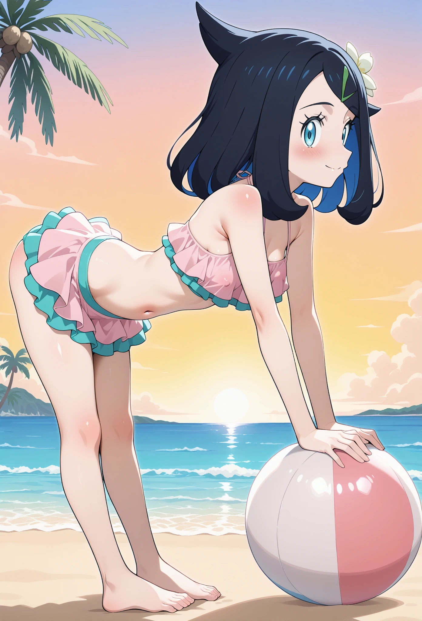 (masterpiece:1.0), (ultra detailed:1.2),(intricate, beautiful detailed) ,1990s,anime cel style, 1 girl, Jessie Pokemon,blue bikini, hair slicked back, long hair,red  hair,detailed lapis lazuli eyes,curvy, waist, beach、Firm breasts、Broad shoulders、2５age、Long legs、Best Style、