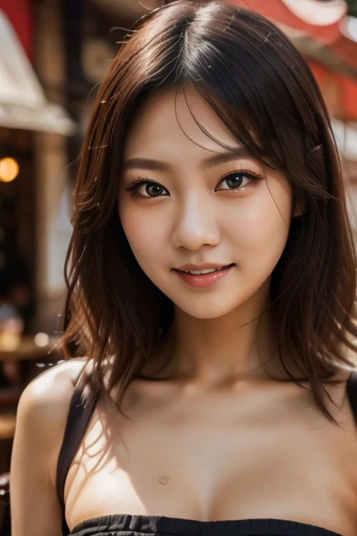 (Drooping big tits: 1.5), (Well good: 1.3) large areola, erect nipples,Masterpiece, 1 beautiful girl, A detailed eye, Puffy eyes, top-quality, 超A high resolution, (Realisticity: 1.4), cinematlic lighting, japanes, Asian Beauty, Super beauty, Beautiful skin, A slender, The body facing forward, (A hyper-realistic), (hight resolution), (8k), (ighly detailed), (beautifully detailed eyes), (Ultra-detail)、 (wall-), A detailed face, Bright lighting, profetional lighting, looking at viewert, Facing straight ahead, Long hair, hair messy, asymmetrical bangs, night street scene, Brown hair, Japan idle, Korean Idol, hposing Gravure Idol, age25, tall, smile,