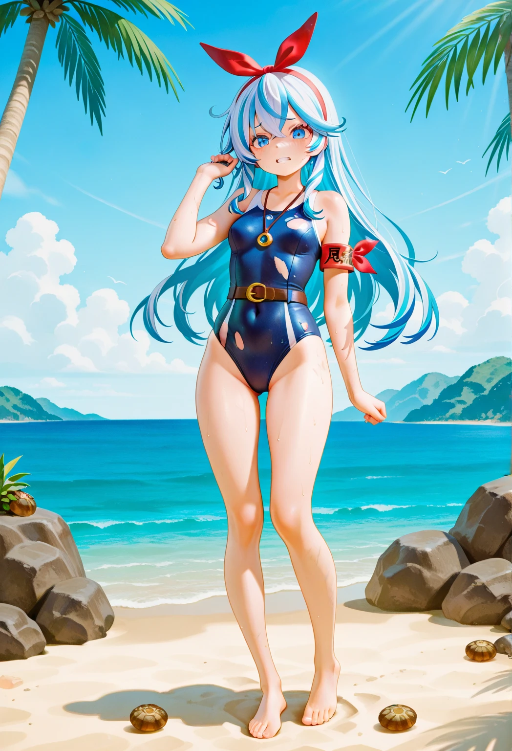The Giantess Goddess with turquoise skin and coral pink eyes strides along a crowded beach. Her hair, a cascade of turquoise waves, crashes onto the shore, scattering beachgoers. Normal-sized people flee, but many are too slow, trampled underfoot. She scoops up those who remain, pressing them against her turquoise curves, their struggles fueling her pleasure.