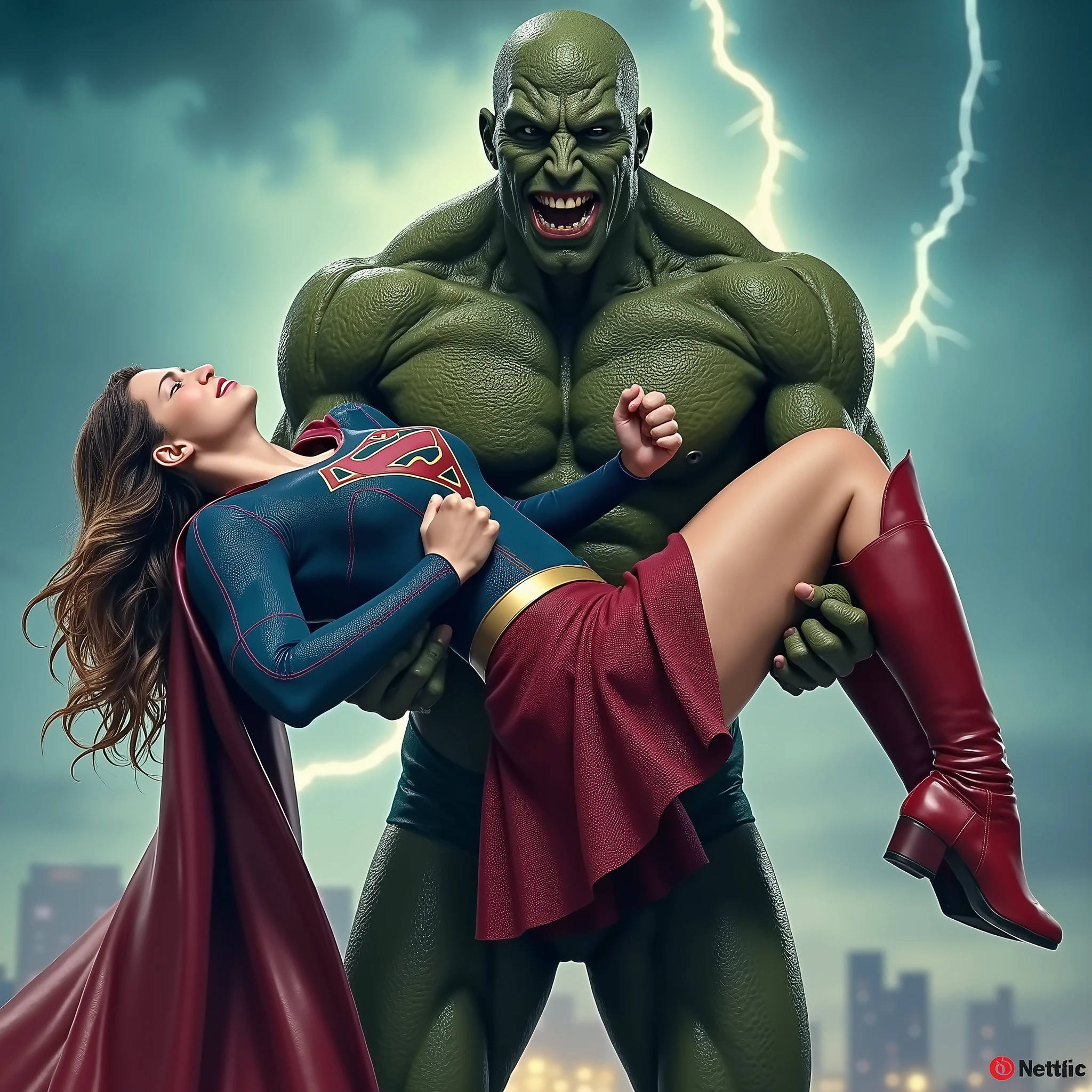 Melissa Benoist as Supergirl, lying in the strong fierce devils arms, she is unconsciousness, her arms and her head are drop down, painful face, she is wearing a Supergirl costume, blue shirt and very short skirt, red high boots, the huge body devil is carrying her body in his arms, whole body from head to feet are visible, night time, lightning behind,
