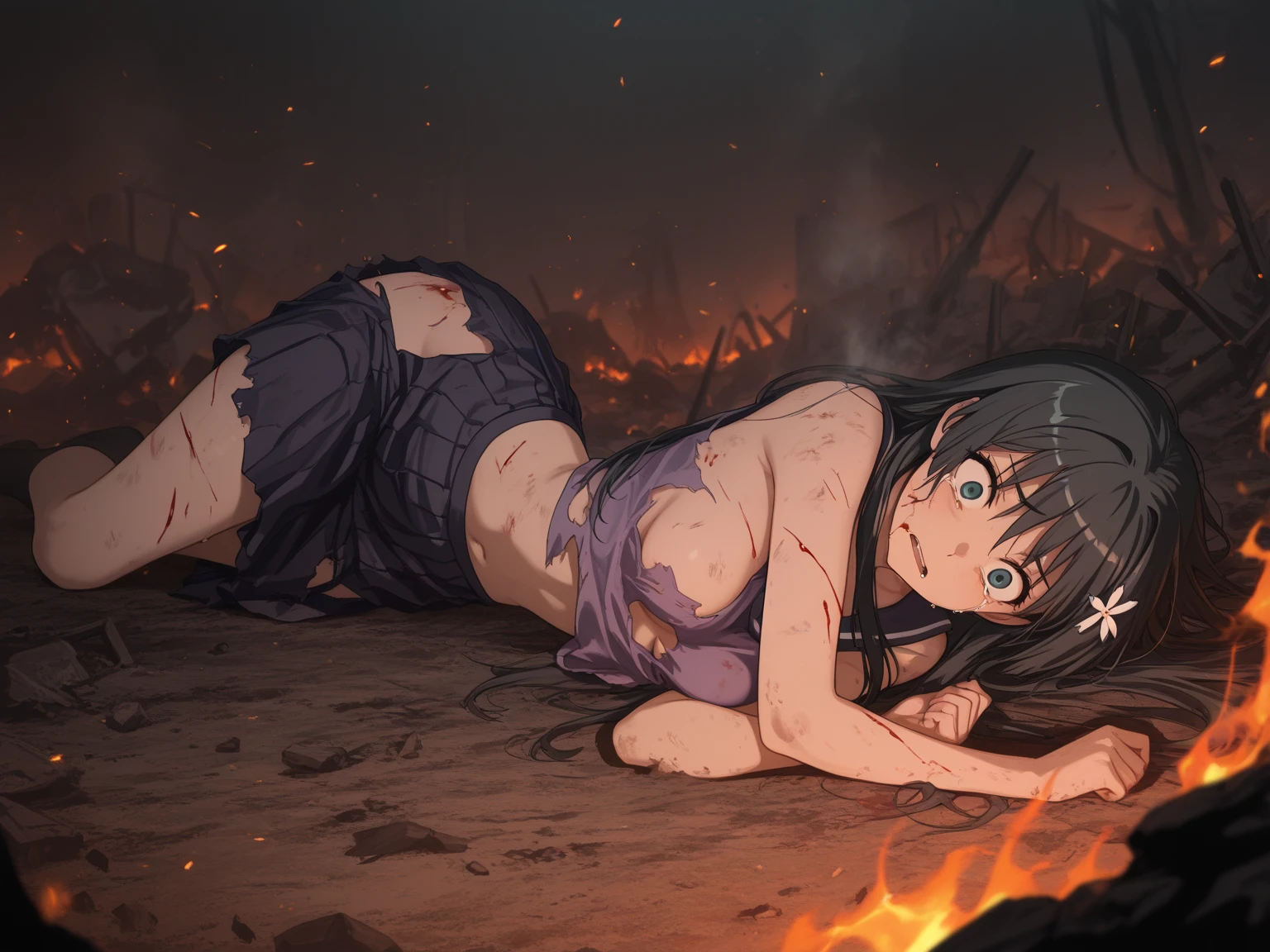 ((masterpiece, best quality, high resolution, UHD, pixel perfect, depth of field, 8k, RTX, HDR)), BREAK, 1girl, single, alone, beautiful anime girl, beautiful art style, anime character,
((style of Akame Ga Kill!)),((long hair, black hair)), (purple:1.4, round eyes, beautiful eyelashes, realistic eyes), big chest 1.5, with cleavage, black bra, blushing, face and arms with stains of dirt and dust,
BREAK, wears a red band on her head, with a torn Busdist priestess kimono, clothes in tatters and with blood stains BREAK, lying on the ground with a broken katana and covered in blood, with cloudy sky and lightning from the sky, surrounded by rubble and fire flames around.