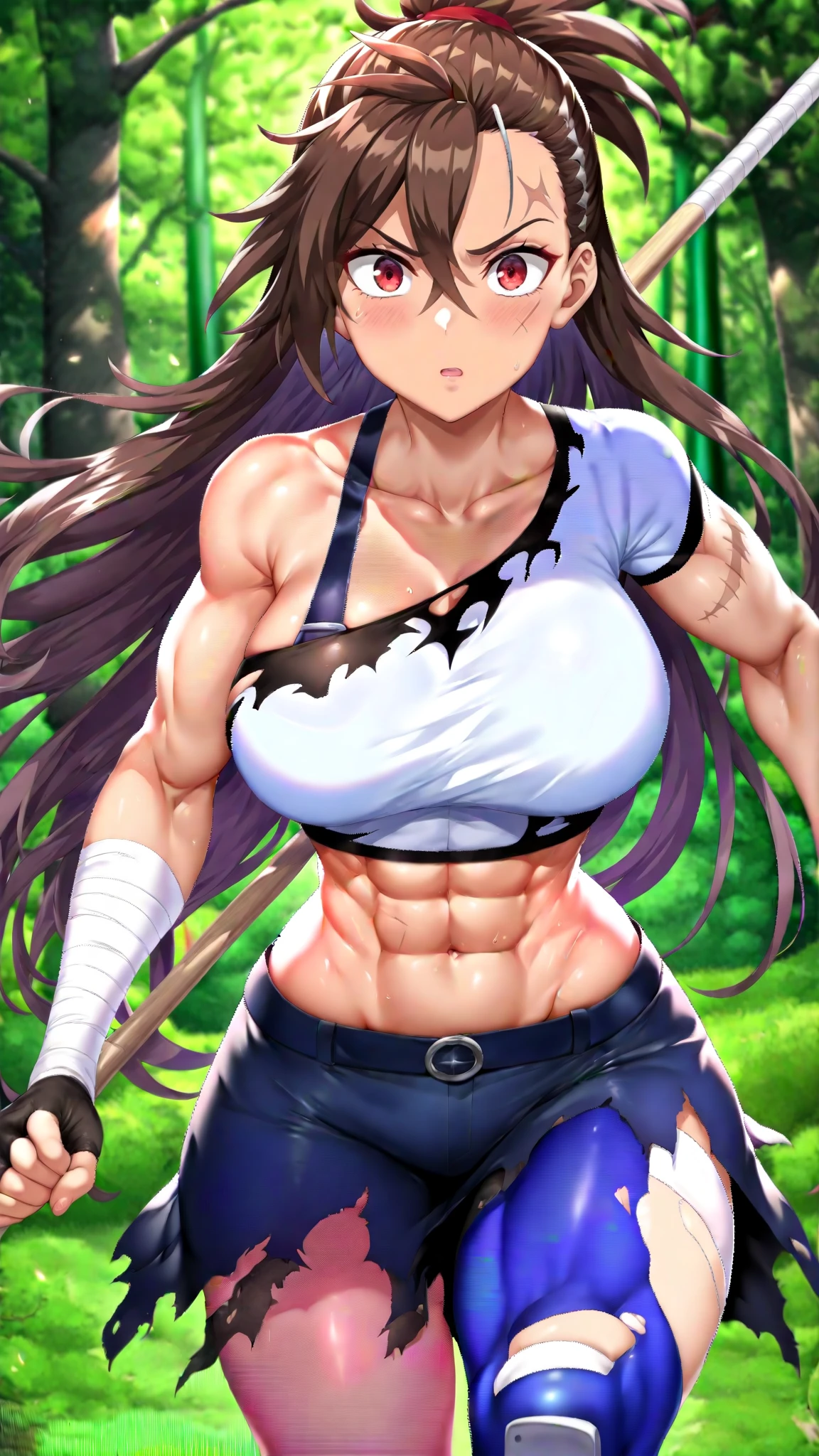((komi shouko)), 1girl,dynamic pose, bangs, crop shirt underboob,black pantyhose, blazer,blue jacket, blush, bow, bowtie, breasts, closed mouth,(crop top collared shirt:1.4), bag, cowboy shot, diagonal-striped skirt, expressionless, outdoors, highres, jacket, (komi-san wa komyushou desu), long hair, looking at viewer, medium breasts,black pantyhose, pleated microskirt, purple eyes, purple hair, red bow, red bowtie, (red skirt:1.3), school uniform, shirt, skirt, solo, striped, striped bow, striped bowtie, striped skirt, swept bangs, white shirt, smile