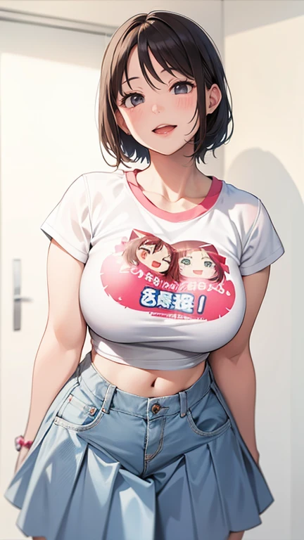 (Best quality,4K,8K,A high resolution,tmasterpiece:1.2),ultra - detailed,(actual,realistically:1.37),HighDynamicRange,hyper HD,Studio lighting,Ultra-fine painting,Focus sharp,physically-based renderingt,Extremely detailed description,professional,terror,japanese manga,sci-fy,photography,Concept artist, a close up of a woman in a skirt and shirt, Fair skin, Colossal tits, Crazy breast swelling, Chest larger than shoulder blades, big breasts thin waist, Pelvis larger than shoulder blades, Fitness model, Ruddy cheeks, A smile, breath through