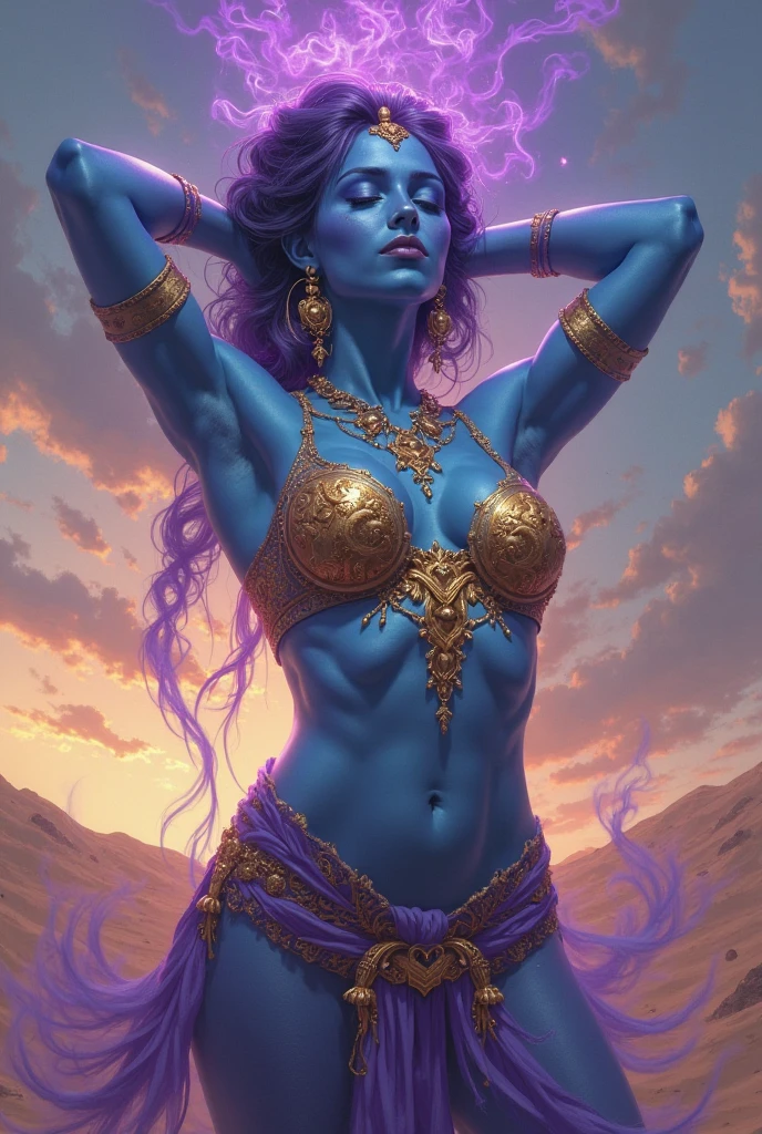 a painting of a goddess with a golden deity crown on her head, goddess with six arms, blue skin female goddess, indian goddess, dmt goddess, kali, a stunning portrait of a goddess, hindu aesthetic, Hinduism, extremely detailed goddess shot, divine goddess, beautiful goddess, (highly detailed), (illustration), (attractive body), beautiful face, (completely ?????), (visible ??????), big breasts, (((NSFW))), (((multiple arms))), (trident in one hand, sickle in other hand)